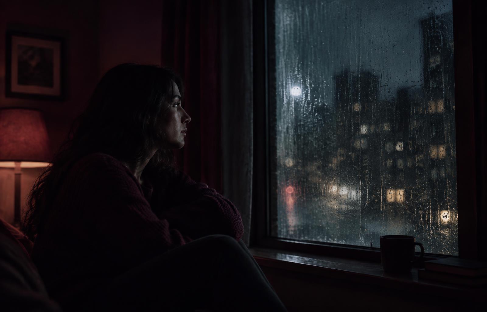 Mujer mirando por la ventana en silencio